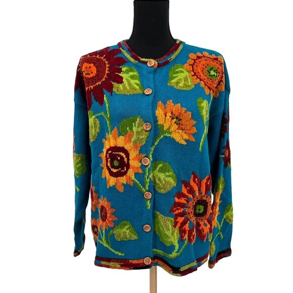 Design Options Philipe Jayne Bright Pattern Floral Blue  Cardigan Sweater Size L - Picture 1 of 8